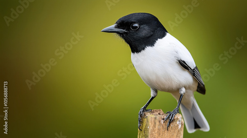 Close-up of a black and white bird perched on a wooden post against a blurred green background. photo