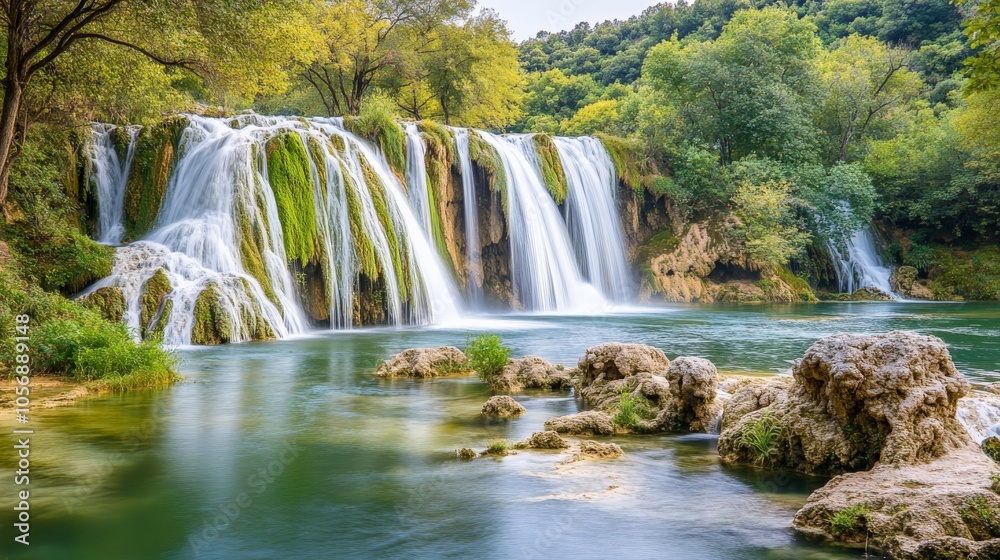 Obraz premium Majestic Waterfall Cascading into Tranquil River