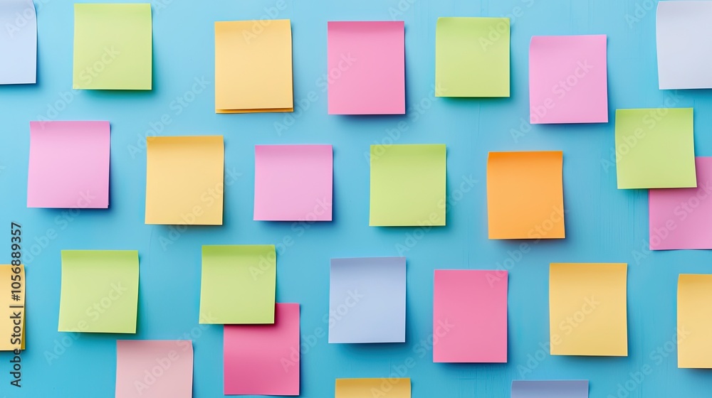 A vibrant arrangement of colorful sticky notes on a blue background, perfect for brainstorming, reminders, and creative organization. A vibrant arrangement of colorful sticky notes on a blue background, perfect for brainstorming, reminders, and creative organization.