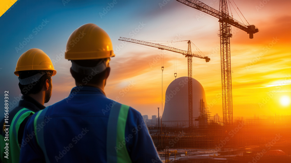 Construction site of nuclear power plant at sunset, showcasing workers observing cranes and facility. scene captures blend of industry and nature Construction site of nuclear power plant at sunset, showcasing workers observing cranes and facility. scene captures blend of industry and nature
