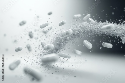 An explosion of pill capsules flying upward, frozen in mid-motion against a white background. Generative AI