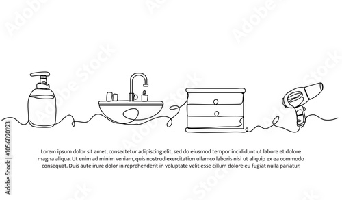 Continuous one line design of bathroom. Minimalist style vector illustration on white background.