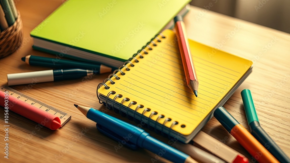 A Close-Up View of a Yellow Spiral Notebook with a Pencil Leaning Against It, Surrounded by a Collection of Pens and Markers on a Wooden Surface A Close-Up View of a Yellow Spiral Notebook with a Pencil Leaning Against It, Surrounded by a Collection of Pens and Markers on a Wooden Surface