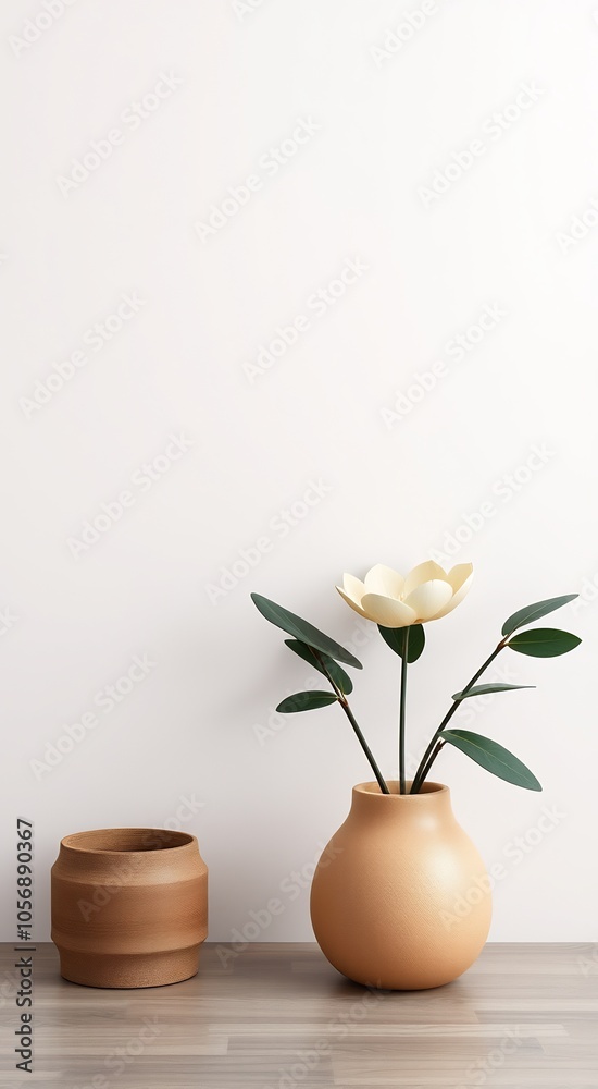 Minimalist decor with a white flower in a brown vase and a wooden pot on a wood floor against a white wall. Minimalist decor with a white flower in a brown vase and a wooden pot on a wood floor against a white wall.