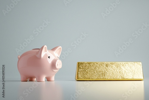 A piggy bank and gold bar placed side by side, symbolizing secure investment options, with copy space on a neutral background. photo
