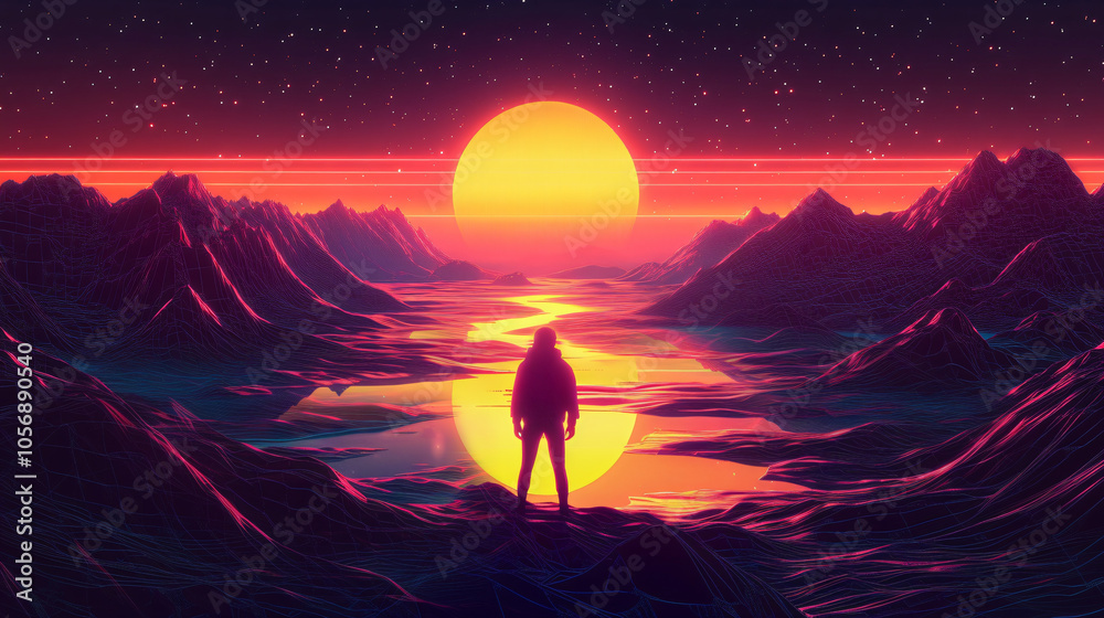 Fototapeta premium stunning digital landscape featuring silhouetted figure against vibrant sunset. scene showcases mountains and reflective body of water, creating surreal atmosphere