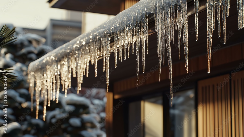 日本の家の軒下にできた氷柱 日本の家の軒下にできた氷柱