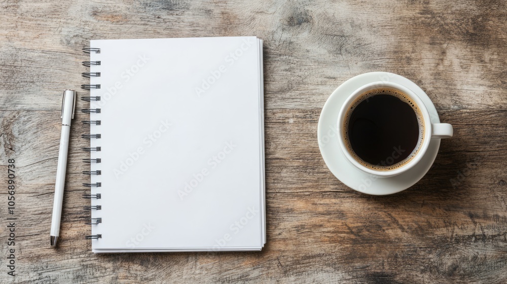 A blank notebook and a cup of coffee on a wooden surface, creating a calm workspace atmosphere. A blank notebook and a cup of coffee on a wooden surface, creating a calm workspace atmosphere.