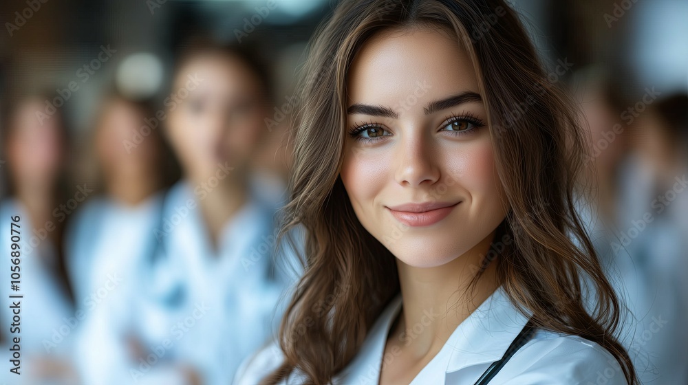 A woman with long brown hair and a white lab coat is smiling for the camera A woman with long brown hair and a white lab coat is smiling for the camera
