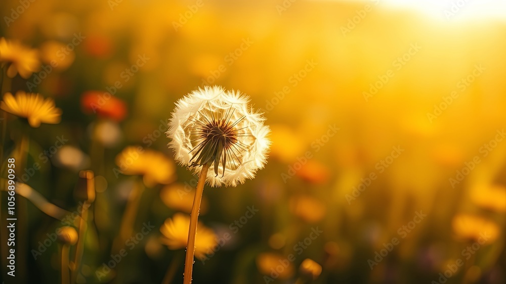 A Single Dandelion Stands Tall in a Field of Golden Light, Its Delicate Seeds Ready to Scatter