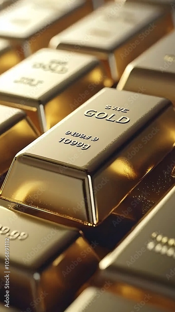 Close-up of gleaming gold bars in a financial investment setting, symbolizing prosperity and security, detailed textures, luxury appeal Close-up of gleaming gold bars in a financial investment setting, symbolizing prosperity and security, detailed textures, luxury appeal