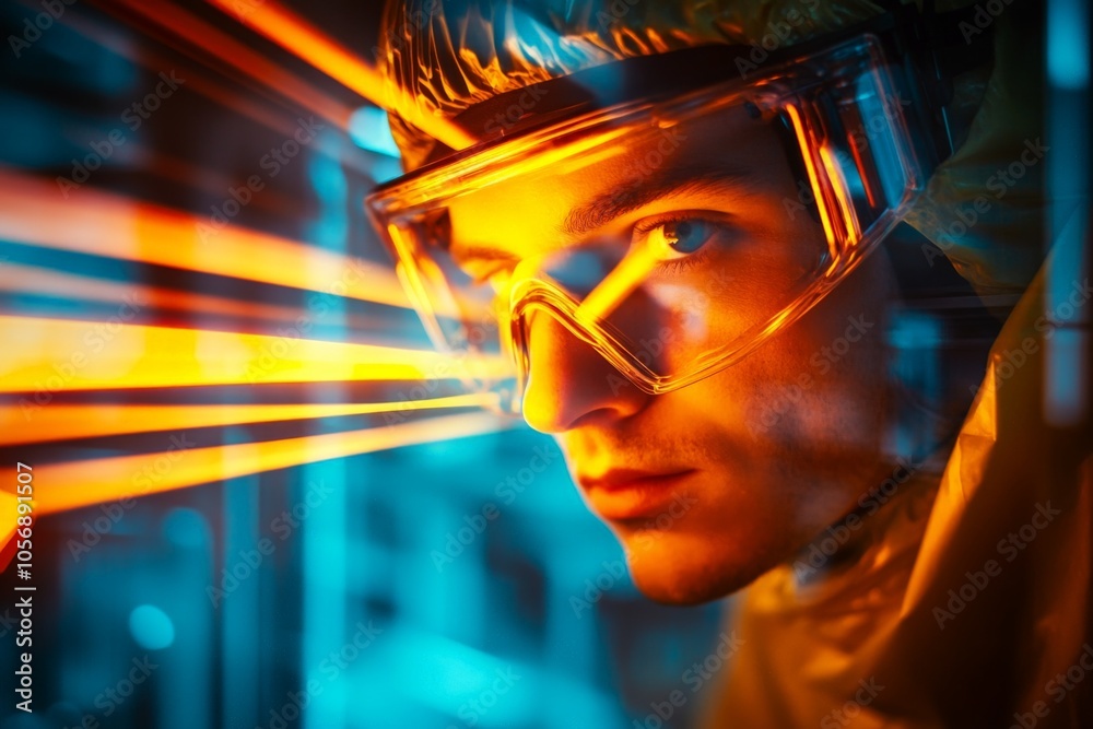 Technician in Protective Gear Analyzing Laser Technician in Protective Gear Analyzing Laser