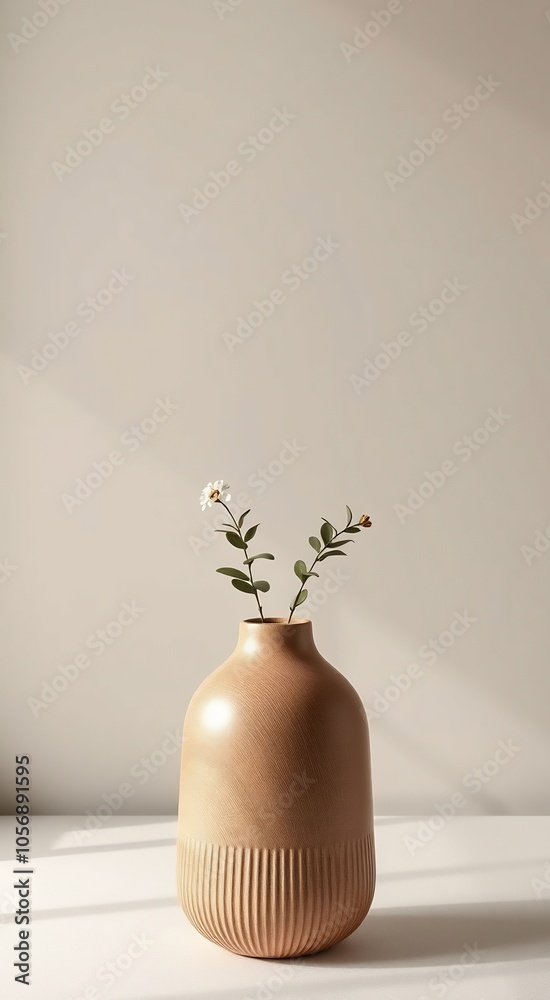 Minimalistic wooden vase with white flowers against a white background. Minimalistic wooden vase with white flowers against a white background.