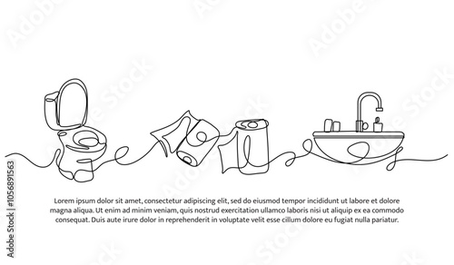 Continuous one line design of bathroom equipment. Minimalist style vector illustration on white background.