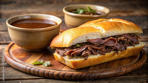 French dip sandwich and bowl of au jus, a classic and delicious comfort food, French dip, sandwich, au jus, beef photo