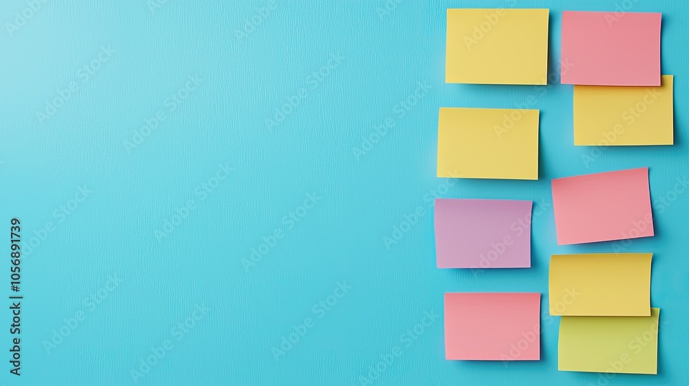 Colorful sticky notes arranged on a turquoise background, creating a vibrant and organized workspace aesthetic. Colorful sticky notes arranged on a turquoise background, creating a vibrant and organized workspace aesthetic.