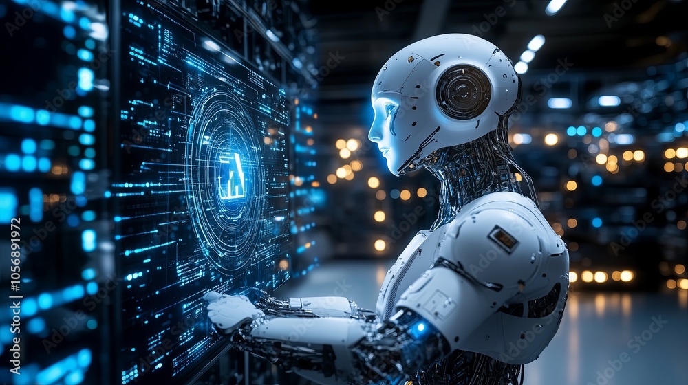 A robot is sitting in front of a computer screen with a blue circle on it A robot is sitting in front of a computer screen with a blue circle on it