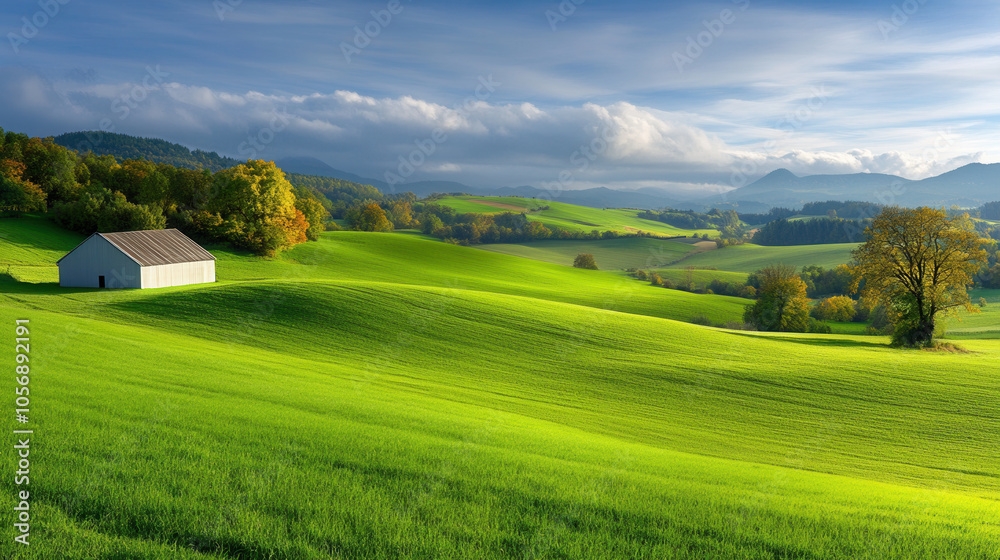 serene landscape featuring lush green fields, rolling hills, and quaint barn under bright sky. vibrant colors evoke sense of tranquility and natural beauty serene landscape featuring lush green fields, rolling hills, and quaint barn under bright sky. vibrant colors evoke sense of tranquility and natural beauty