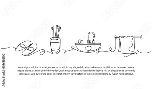 Continuous one line design of bathroom. Minimalist style vector illustration on white background.