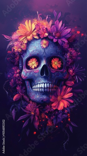 Day of the Dead skull with flowers and colorful geometric designs, symbolizing Mexican heritage