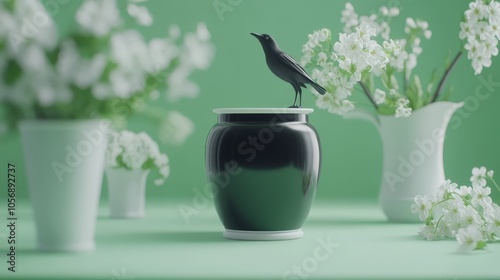 Black Crow on a Vase with White Flowers and Green Background