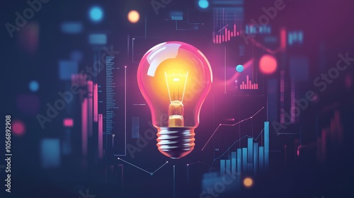 Glowing Lightbulb Against a Background of Data and Graphs
