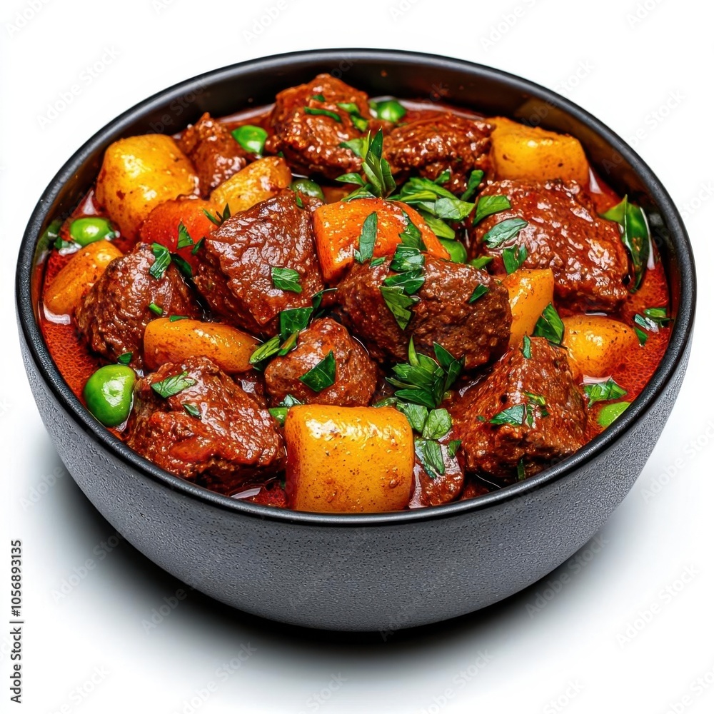 A photostock of spiced Moroccan stew in a bowl on a white background, rich and flavorful. A photostock of spiced Moroccan stew in a bowl on a white background, rich and flavorful.