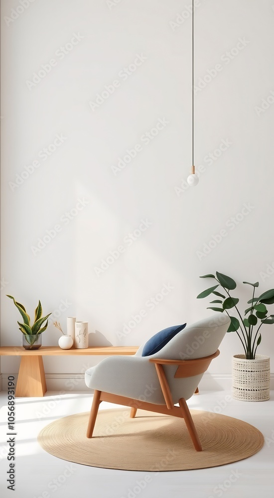 Modern living room with armchair, round rug, and plant. Modern living room with armchair, round rug, and plant.