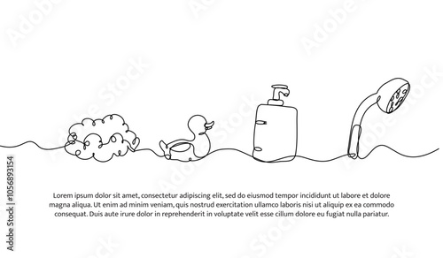 Continuous one line design of bathroom equipment. Minimalist style vector illustration on white background.