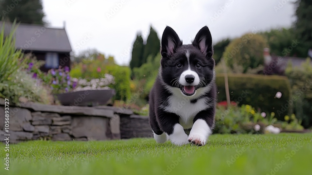 Playful Black and White Puppy Running on Green Grass in Garden Playful Black and White Puppy Running on Green Grass in Garden