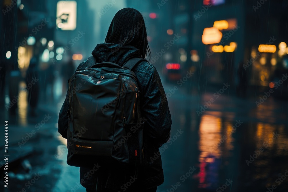 A person wearing a backpack walks through rainy weather A person wearing a backpack walks through rainy weather
