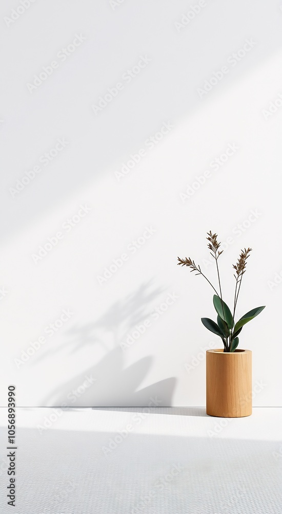 Minimalistic arrangement of a plant in a wooden pot on a white surface with shadow. Minimalistic arrangement of a plant in a wooden pot on a white surface with shadow.