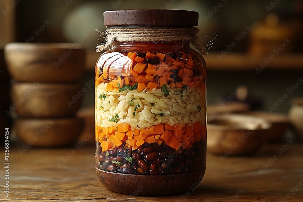 A glass jar filled with layers of beans, carrots, and cabbage. A glass jar filled with layers of beans, carrots, and cabbage.