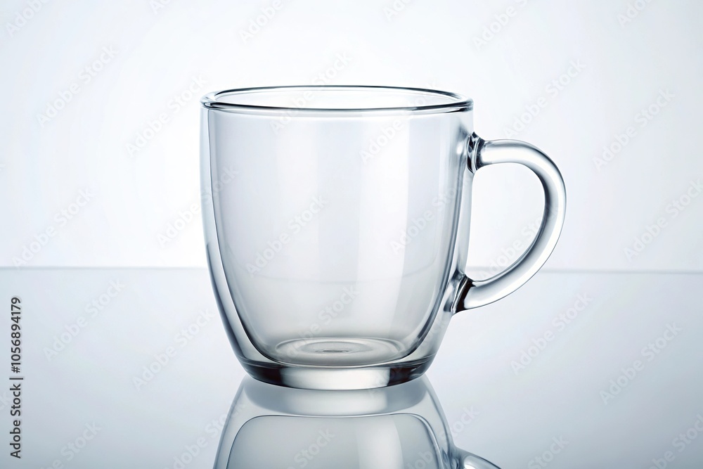 Modern clear glass coffee mug with a minimalist handle and a rounded body shape, tableware, rounded, beverage container Modern clear glass coffee mug with a minimalist handle and a rounded body shape, tableware, rounded, beverage container