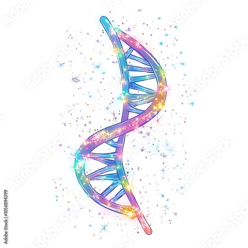 Cartoon DNA helix with sparkles around it on a white background.