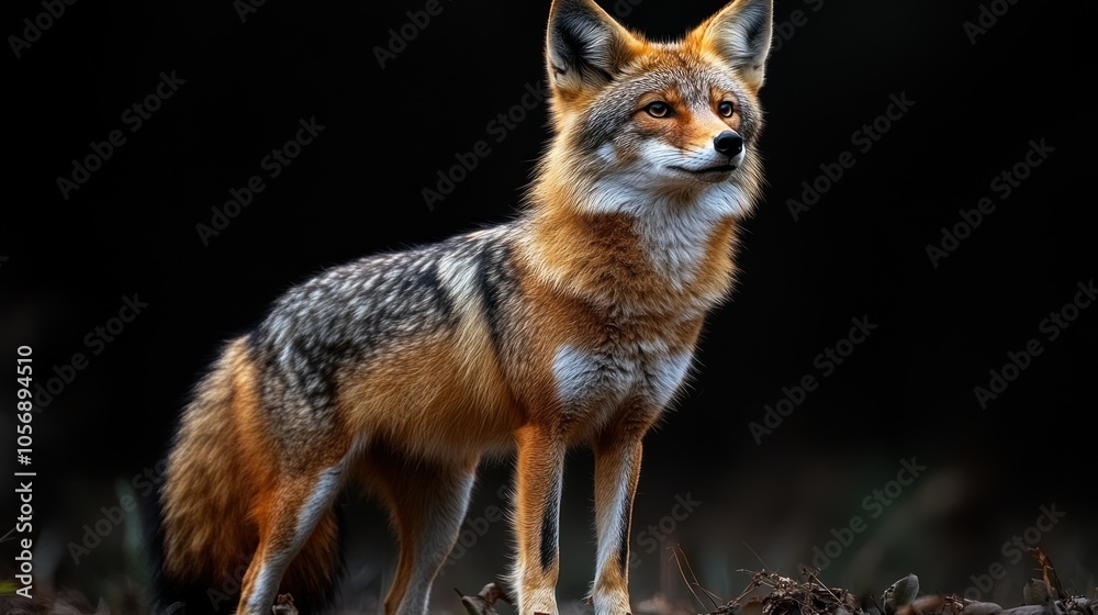 Fototapeta premium A majestic fox stands alert in a dark, natural setting.