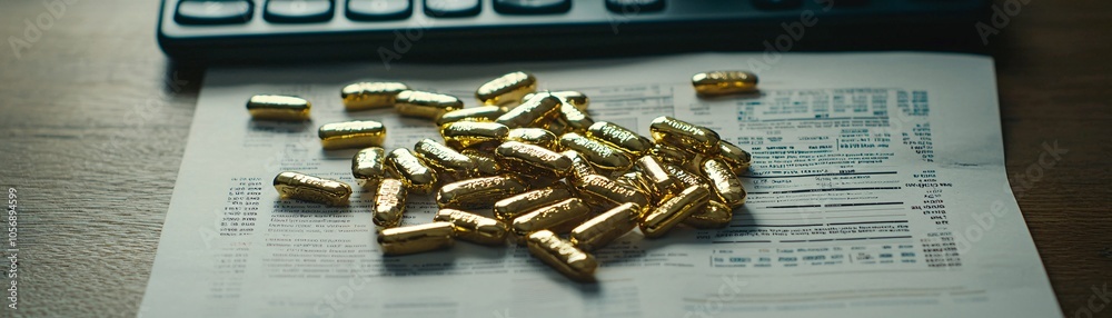 A desk with gold bars, financial reports, and a calculator, showcasing the evaluation of gold as a high-value investment with inherent risks. Background includes plenty of copy space. A desk with gold bars, financial reports, and a calculator, showcasing the evaluation of gold as a high-value investment with inherent risks. Background includes plenty of copy space.