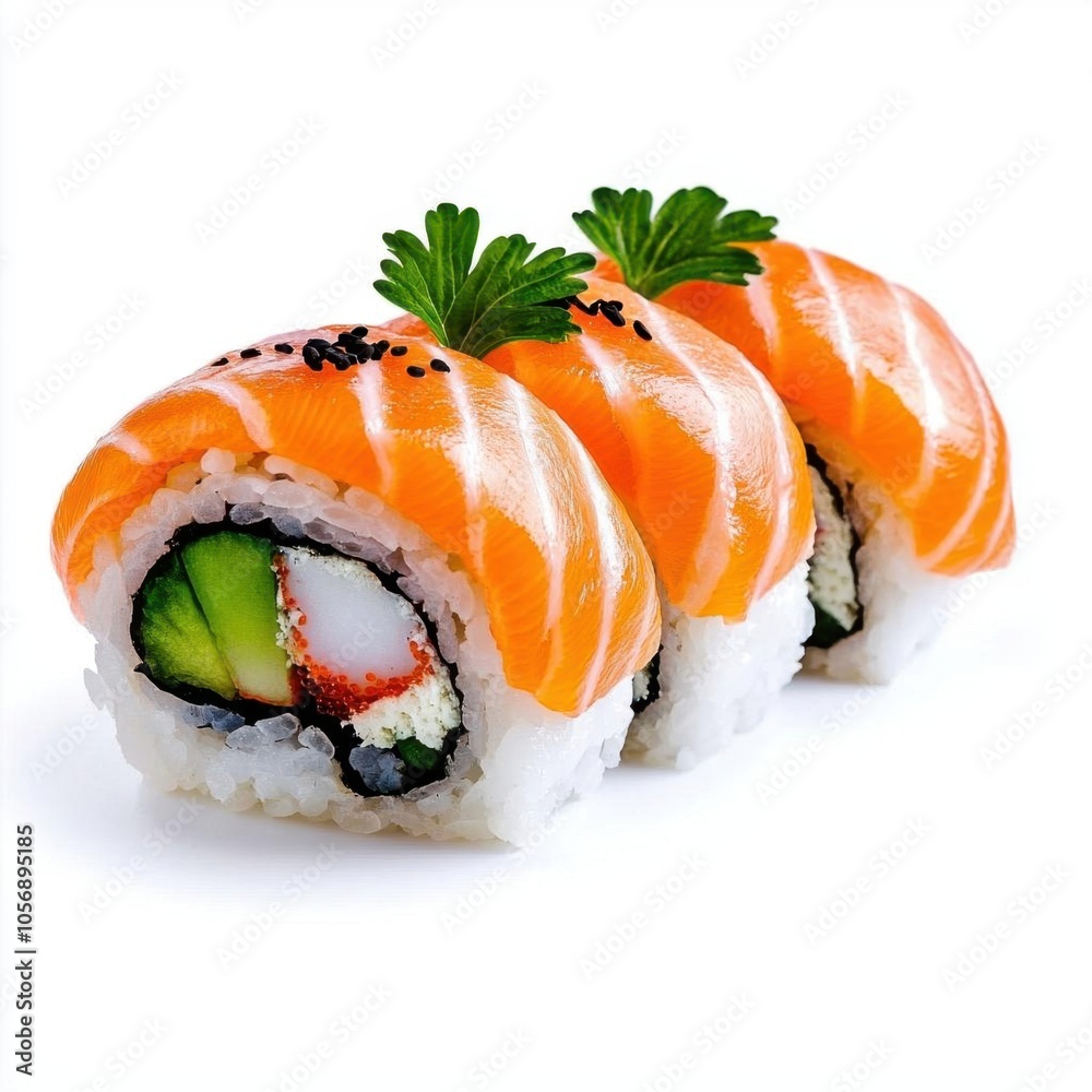 A photostock of sushi rolls with fresh fish on a white background, colorful and fresh. A photostock of sushi rolls with fresh fish on a white background, colorful and fresh.