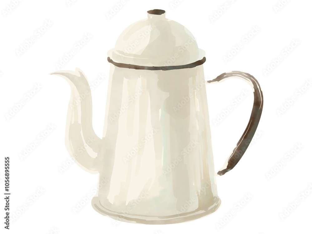 白背景に水彩で描いた白いコーヒーケトルのシンプルなイラスト 白背景に水彩で描いた白いコーヒーケトルのシンプルなイラスト