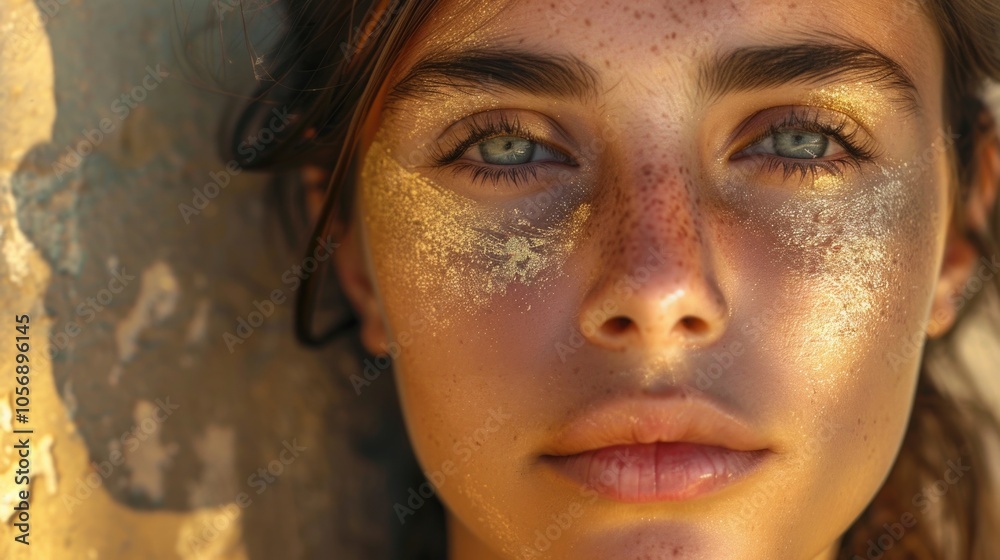 A close-up of a woman's face showing her freckles, suitable for personal or editorial use A close-up of a woman's face showing her freckles, suitable for personal or editorial use