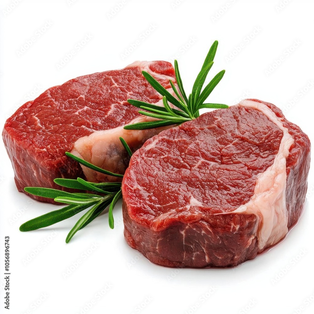 A photostock of two raw filet mignon steaks on a white background, gourmet and rich. A photostock of two raw filet mignon steaks on a white background, gourmet and rich.