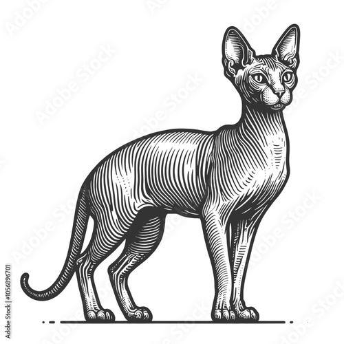 Sphynx cat, showcasing its distinctive hairless body and large ears, in a vintage style sketch engraving generative ai vector illustration. Scratch board imitation. Black and white image.