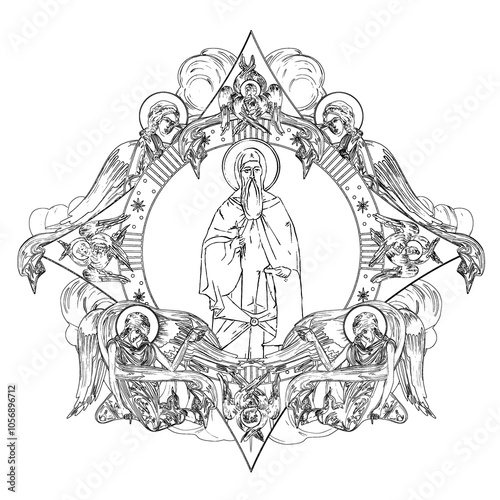 Saint Joanikije of Devic (name english). Religious dome with apostles and angels in sky. Coloring page in Byzantine style photo