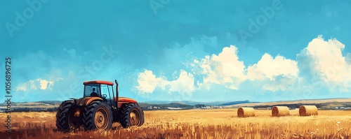 A red tractor in a vast golden wheat field under a bright blue sky, showcasing a stunning rural landscape. Hay bales are scattered in the distance.