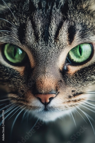 A close-up photo of a cat's face with bright green eyes