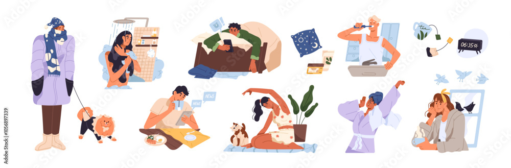 Morning routine set. People do daily activities: wake up early, eat, drink coffee, get shower, toothbrushing, do sport training and walk dog. Flat isolated vector illustrations on white background