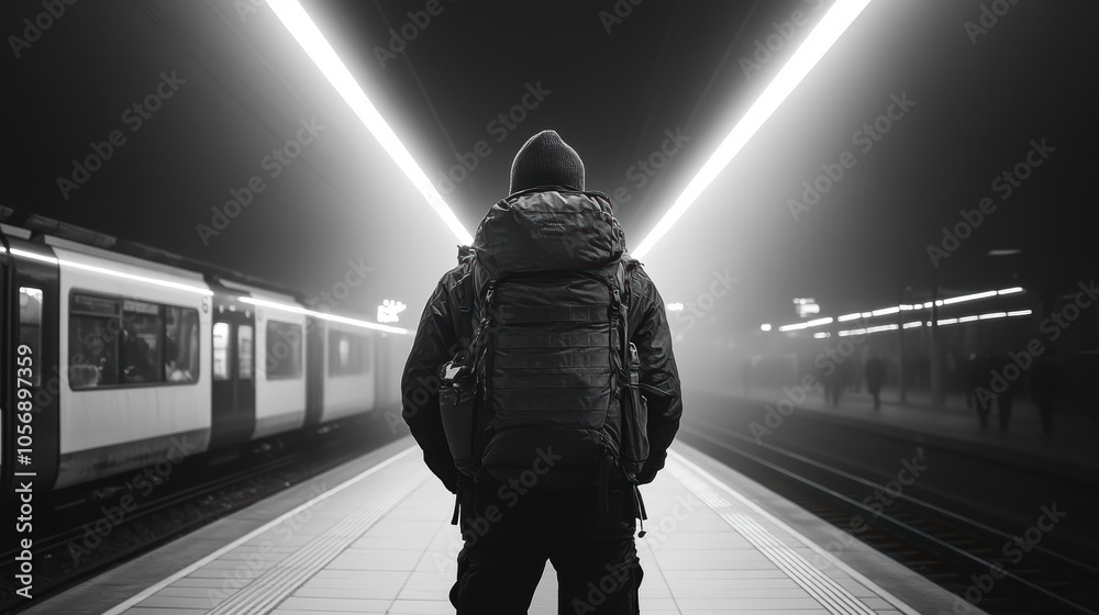 Naklejka premium a black-white full body, back view photo of a Backpacker of age 20-25 standing on a metro platform moving metro train on background. cinematic. highly detailed, high resolution for magazine.
