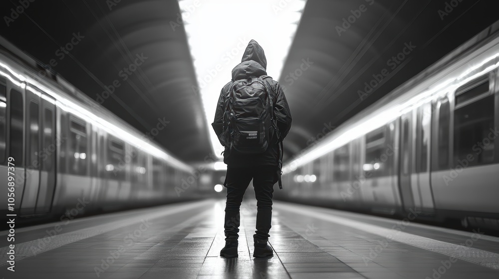 Fototapeta premium a black-white full body, back view photo of a Backpacker of age 20-25 standing on a metro platform moving metro train on background. cinematic. highly detailed, high resolution for magazine.