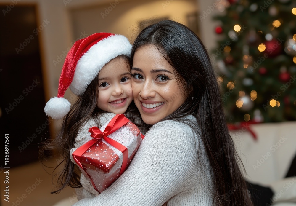 A mother and daughter embracing each other with Christmas gifts in their hands, smiling happily against the backdrop of New Year decorations A mother and daughter embracing each other with Christmas gifts in their hands, smiling happily against the backdrop of New Year decorations