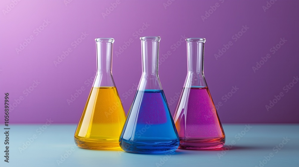 Three glass beakers of different colors, one of which is blue. The beakers are arranged on a table, with the blue one in the middle and the other two on either side Three glass beakers of different colors, one of which is blue. The beakers are arranged on a table, with the blue one in the middle and the other two on either side